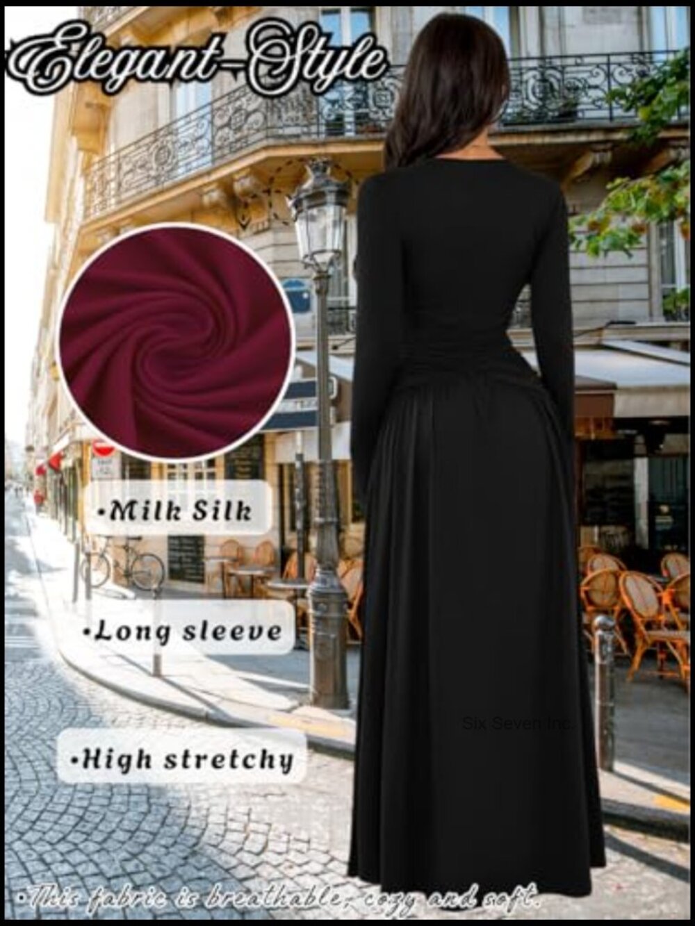 Long Sleeve Formal Dress, Deep V Neck High Slit Ruched Maxi Dress for Women - Picture 5 of 7